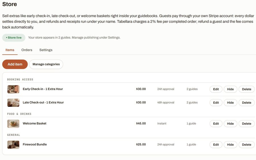 The Store page: early check-in, late checkout, a welcome basket and firewood as items with prices and approval settings