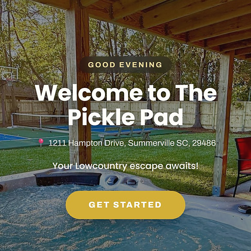 A published guidebook on a phone: Welcome to The Pickle Pad over the property's own photo, with the address and a Get Started button