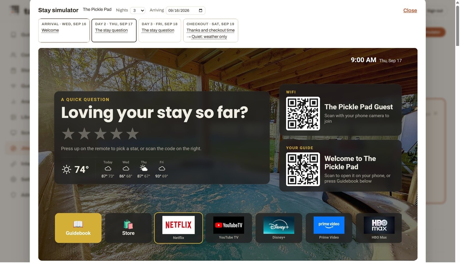 Day 2, morning: the stay question, five stars from the remote